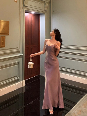 Sheath Spaghetti Straps Lilac Long Satin Prom Dresses Birthday Outfits Evening Gown SD950